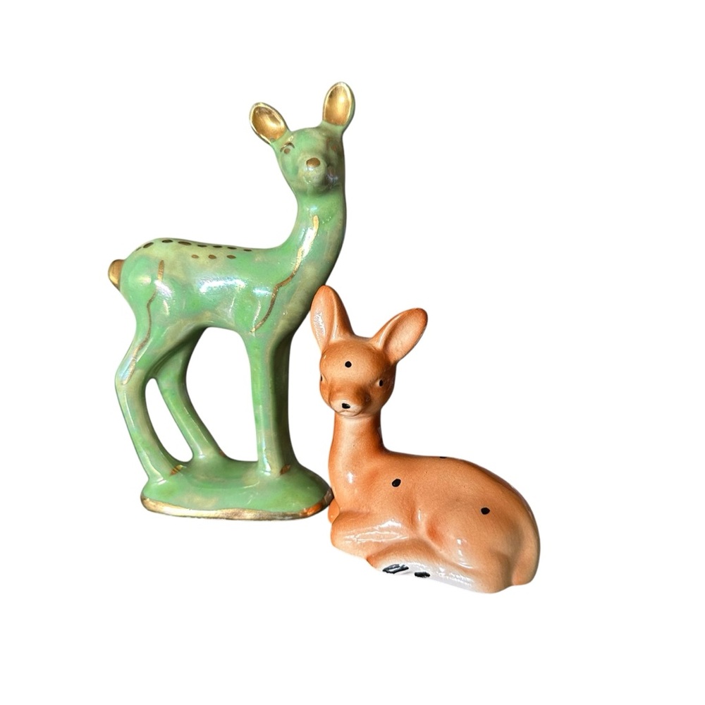 2 MCM Figurines 1 Standing Kass USA & 1 Unbranded Resting Deer Doe Fawn Ceramic